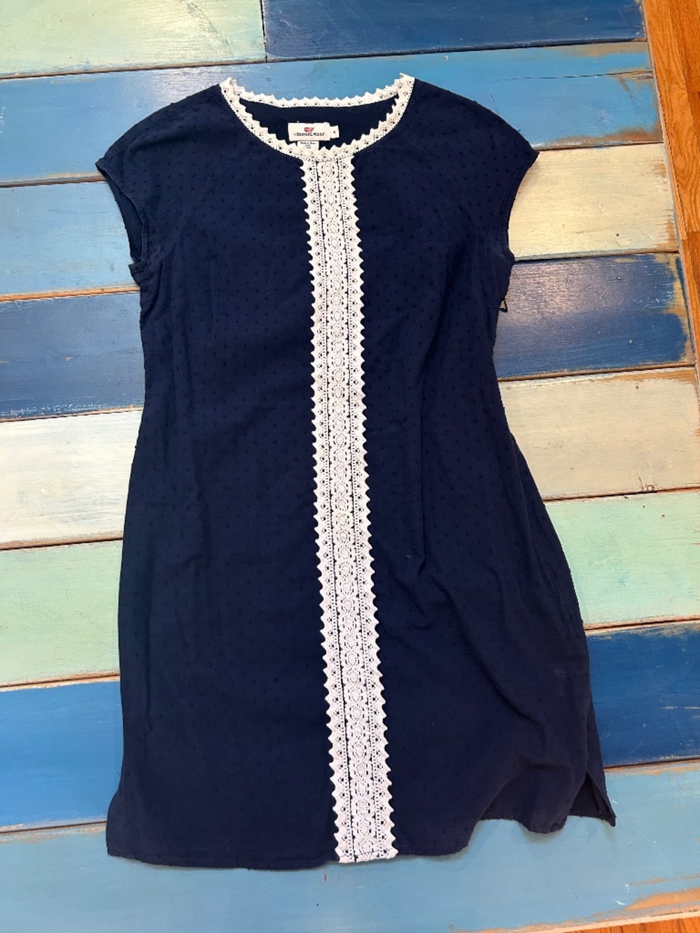 Vineyard Vines Navy Swiss Dot Lace Trim Dress Size 4 Preppy Coastal